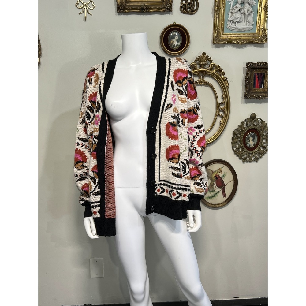 Farm Rio White Floral Palm Tree Jacquard Knit Button-Up Cardigan Sweater Sz M